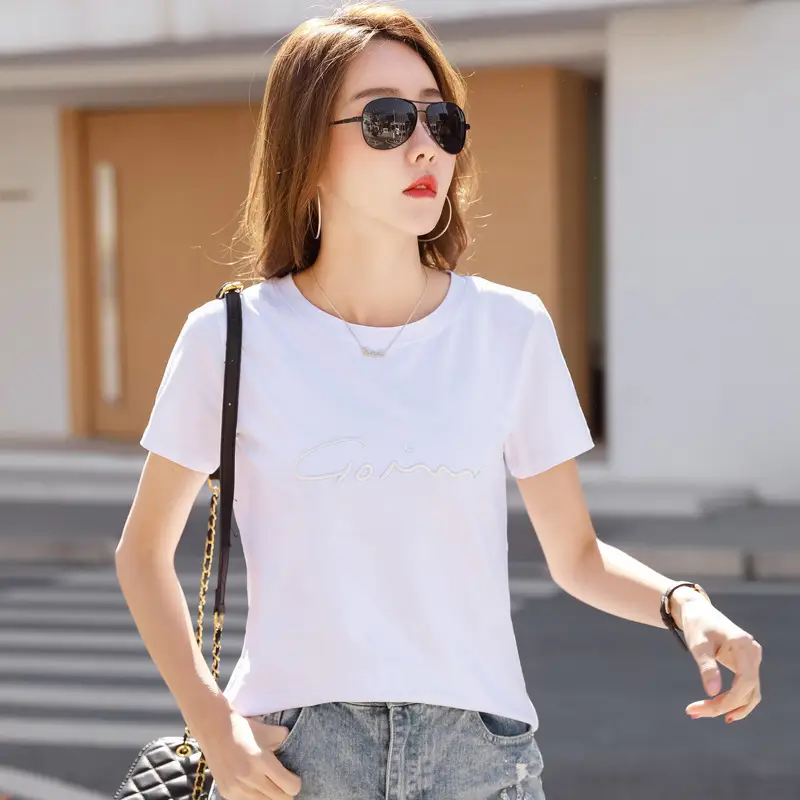 Women Cotton Purple T-Shirt Short Sleeve Embroidered - Image 3