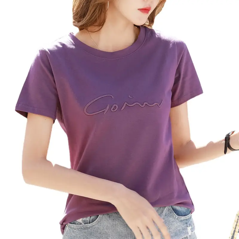 Women Cotton Purple T-Shirt Short Sleeve Embroidered - Image 5