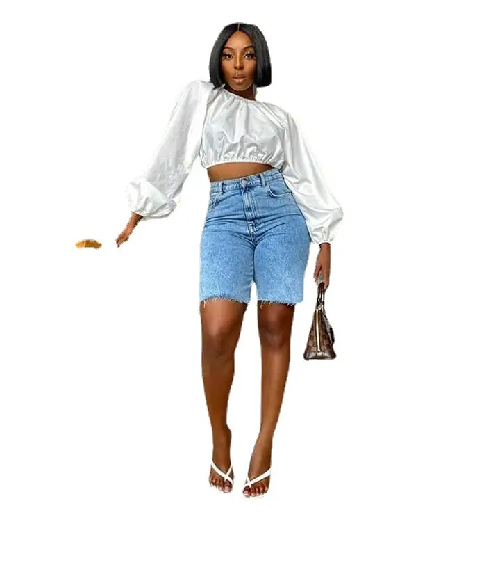 Women Ripped Denim Shorts Blue 2021 New Style - Image 5