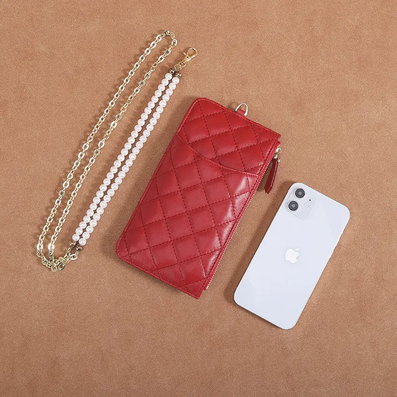 2021 Genuine Leather Crossbody Bag Women Rhombic Chanel Pearl Chain Mobile Phone Bag - Image 3