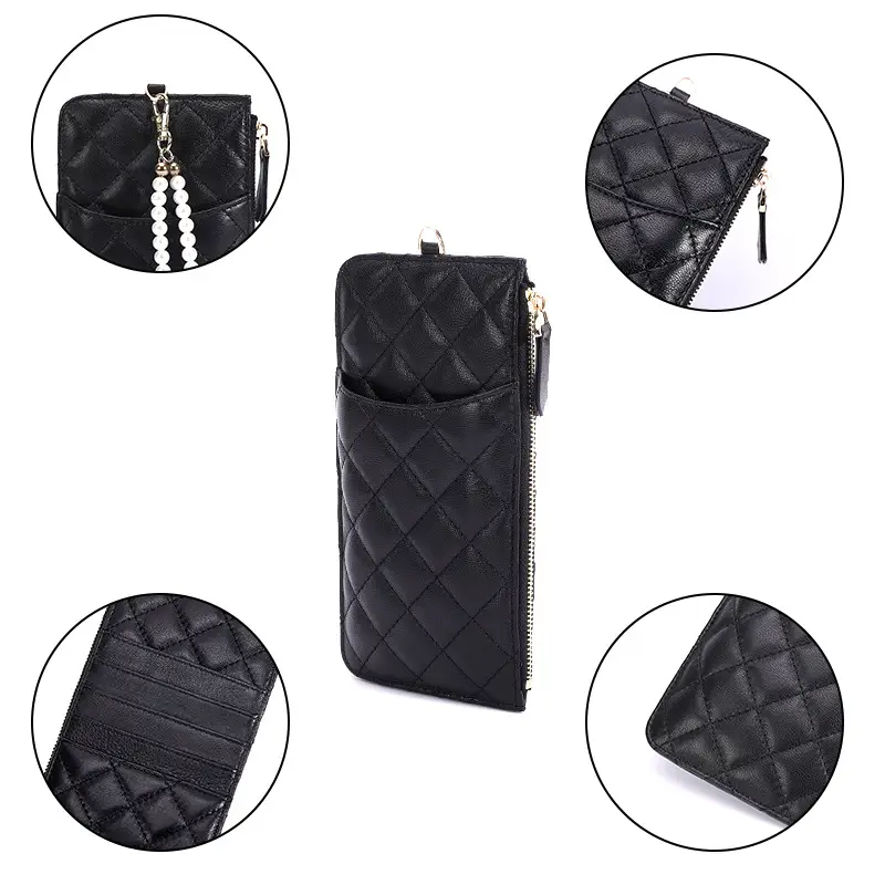 2021 Genuine Leather Crossbody Bag Women Rhombic Chanel Pearl Chain Mobile Phone Bag - Image 4