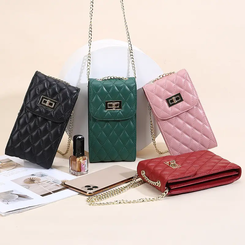 2021 Genuine Leather Crossbody Bag Women Rhombic Chanel Pearl Chain Mobile Phone Bag — feature 21