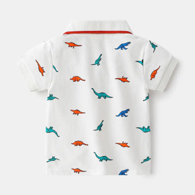 Boys White Dino Printed Polo Shirt Short Sleeve Summer - Image 4