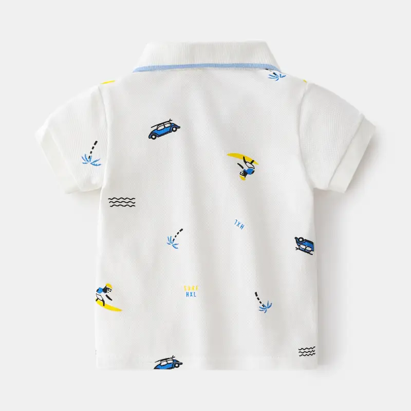Boys White Dino Printed Polo Shirt Short Sleeve Summer - Image 5