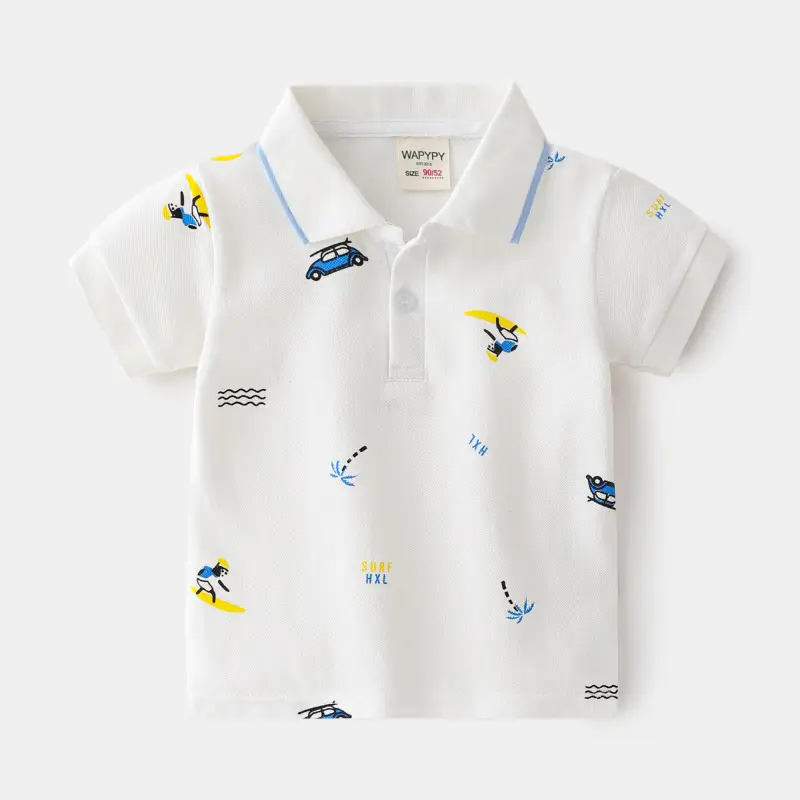 Boys White Dino Printed Polo Shirt Short Sleeve Summer - Image 2
