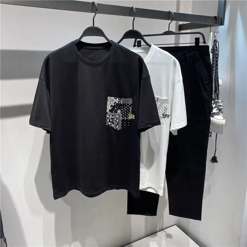 Men Printed T-Shirt White Black Chinese Style Loose Fit - Image 3