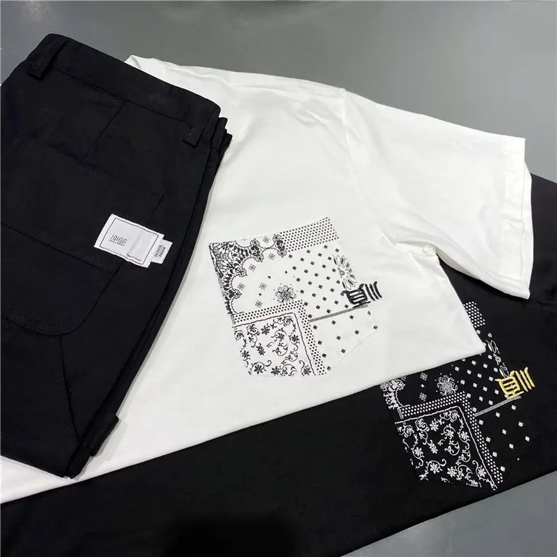 Men Printed T-Shirt White Black Chinese Style Loose Fit - Image 6