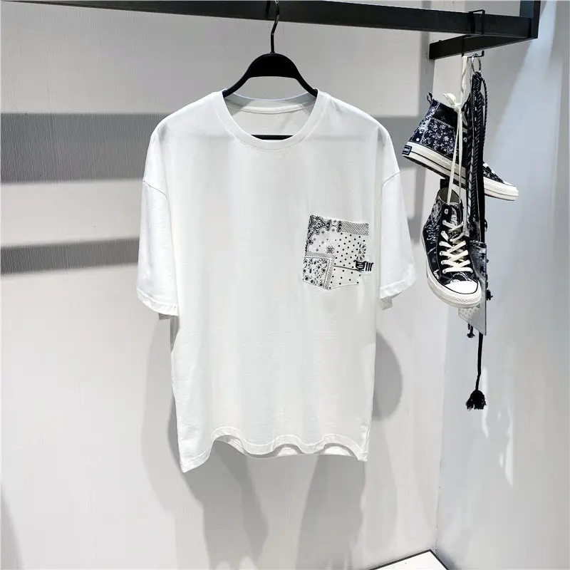 Men Printed T-Shirt White Black Chinese Style Loose Fit - Image 2