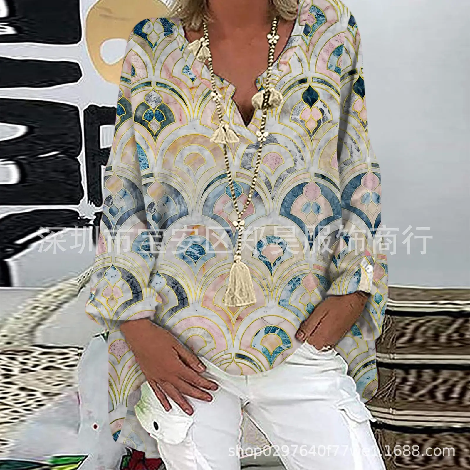 Women Printed V Neck Long Sleeve Top Green Blue