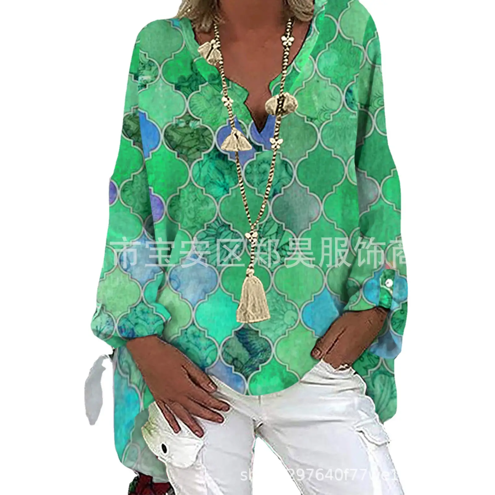 Women Printed V Neck Long Sleeve Top Green Blue