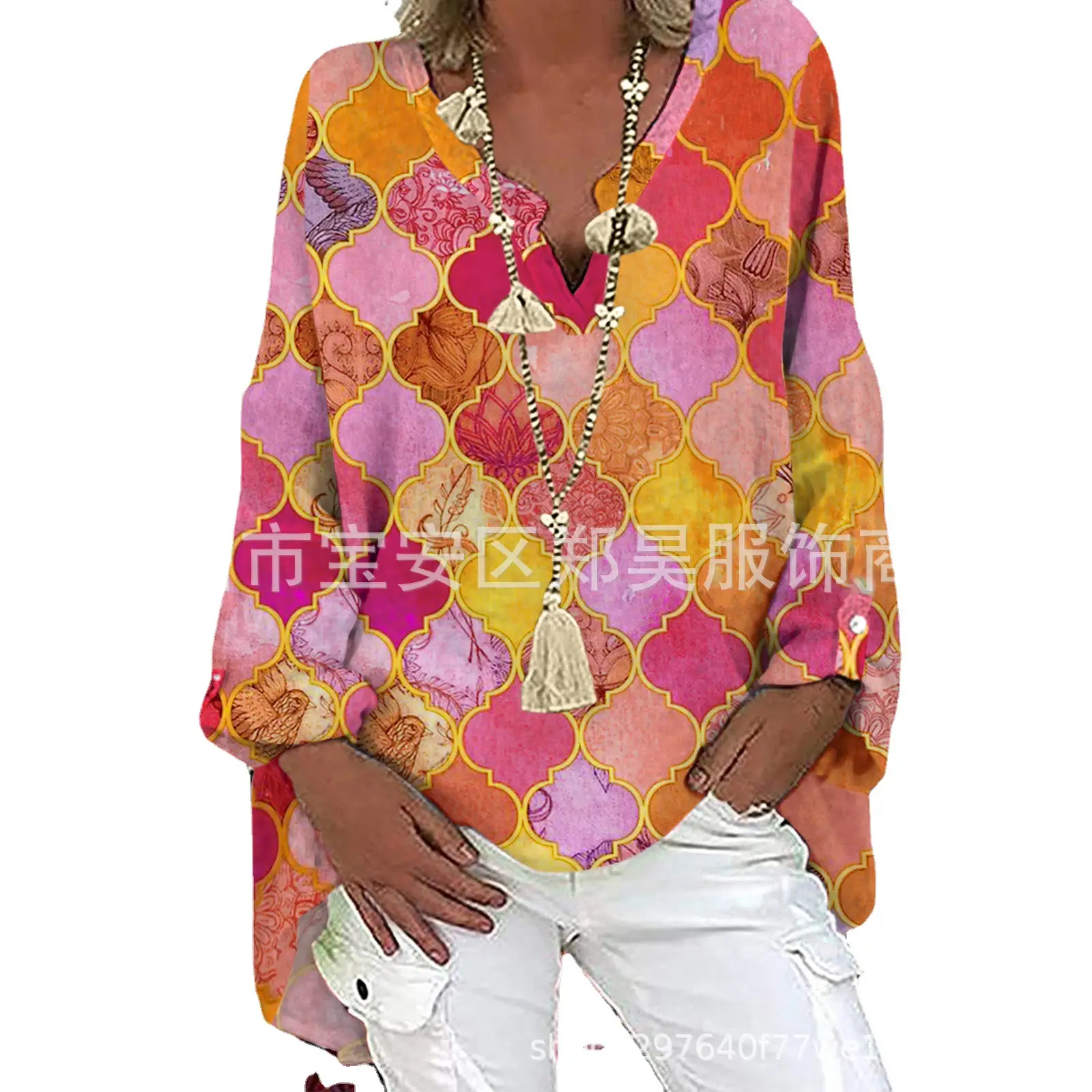 Women Printed V Neck Long Sleeve Top Green Blue
