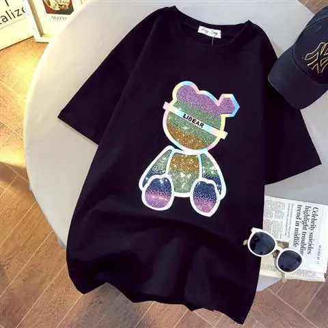 2025 Spring Women Heavy Rhinestone Bear T-Shirt White - Image 5