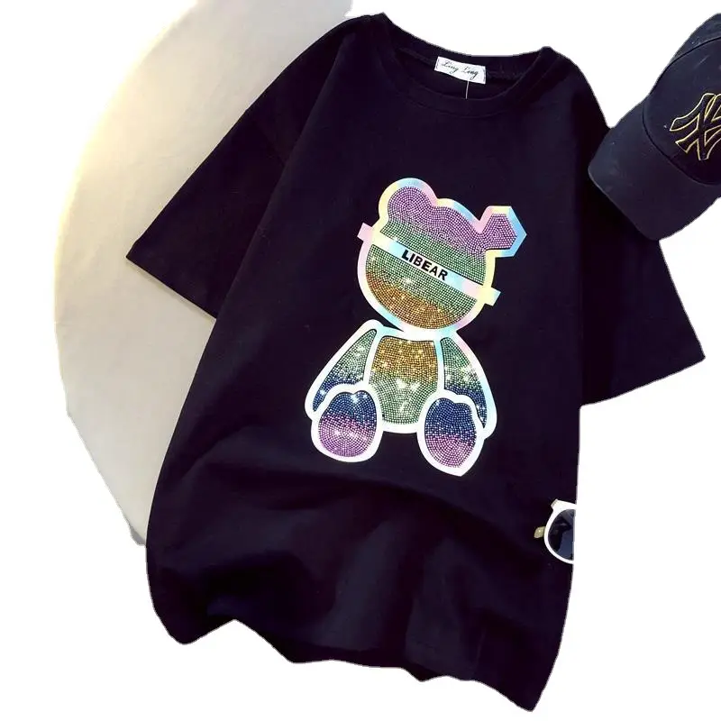 2025 Spring Women Heavy Rhinestone Bear T-Shirt White - Image 6
