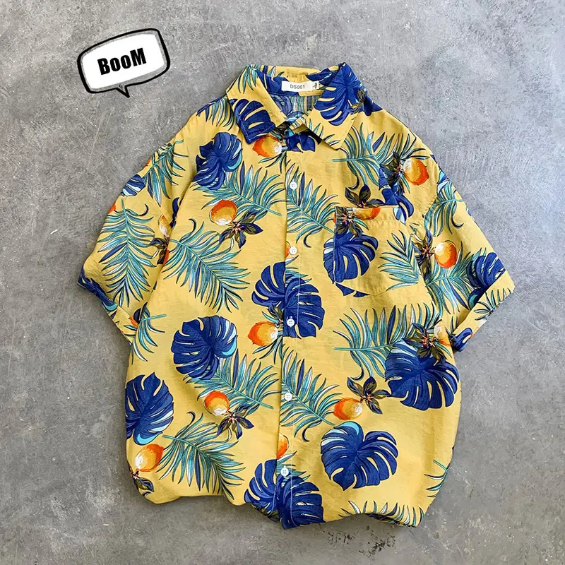 Hawaii Pineapple Print Short Sleeve Men Shirt Large