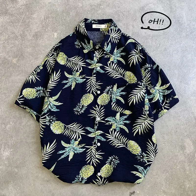 Hawaii Pineapple Print Short Sleeve Men Shirt Large