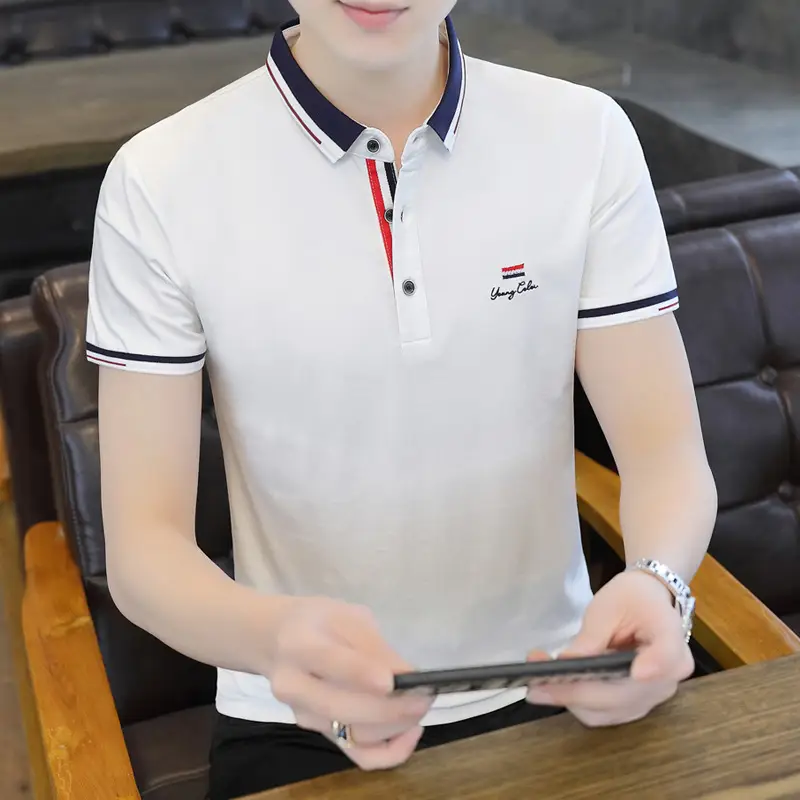 New Men's Korean Collar Polo T-Shirt White - Image 11