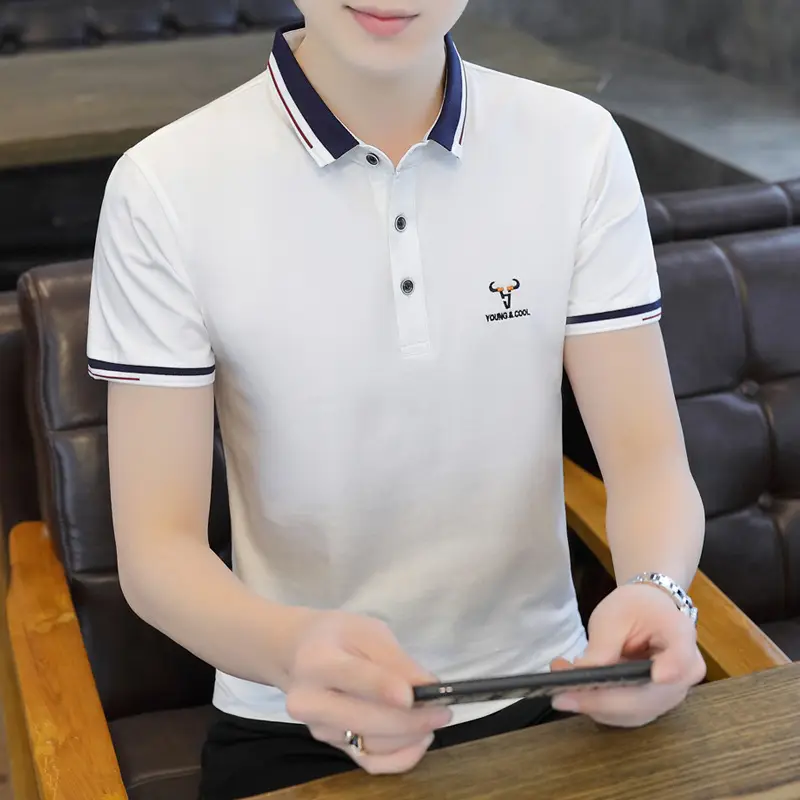 New Men's Korean Collar Polo T-Shirt White - Image 16