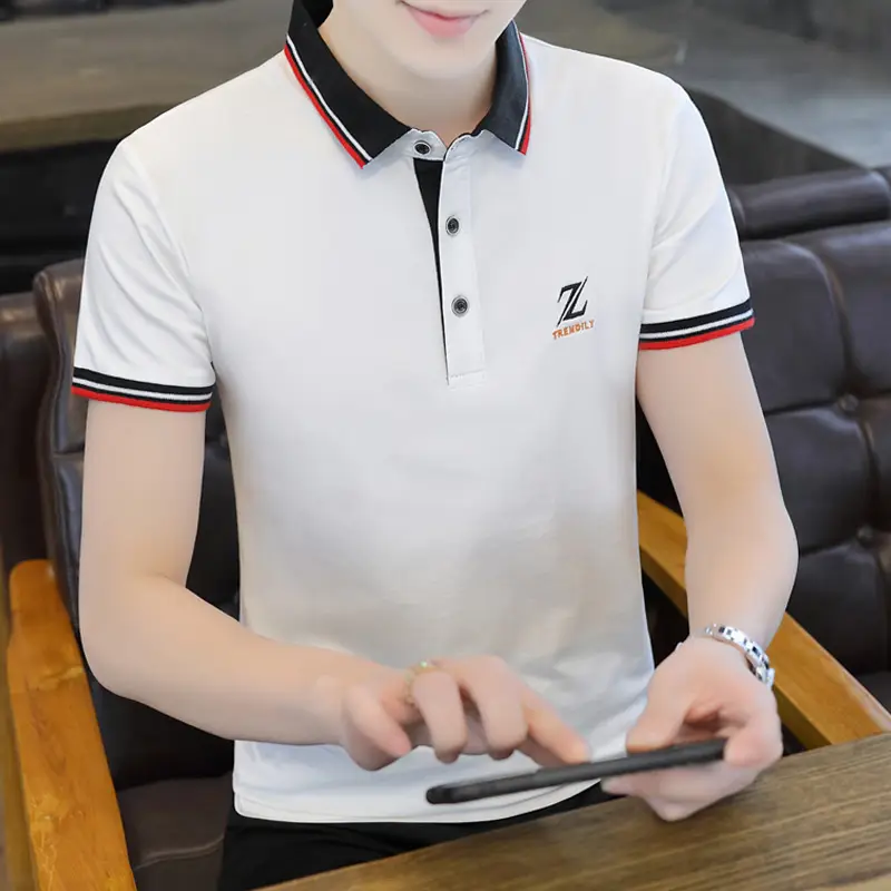 New Men's Korean Collar Polo T-Shirt White - Image 7