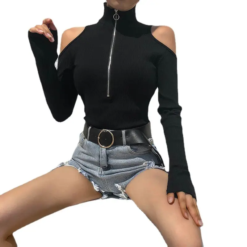 Women's Black Cold Shoulder Zipper T-Shirt with Off-Shoulder Design - Image 6