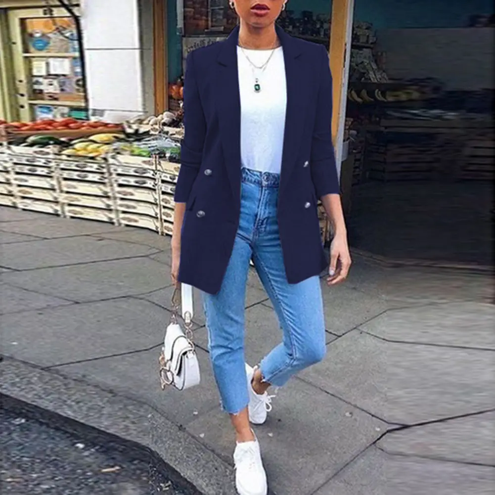 Women Blue Suit Jacket Lapel Cardigan Long Elegant Suit for Women - Image 13