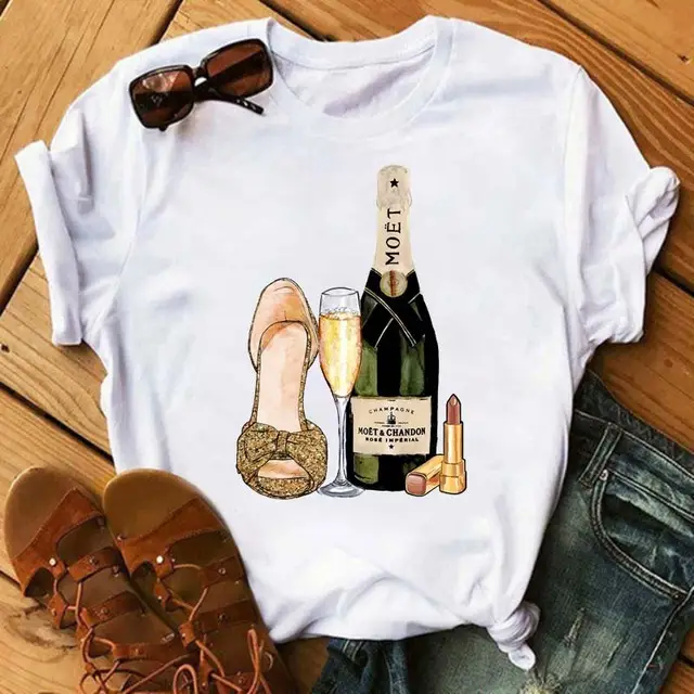 Women Printed T-Shirt with High Heels Rose & Lipstick Design - Image 2