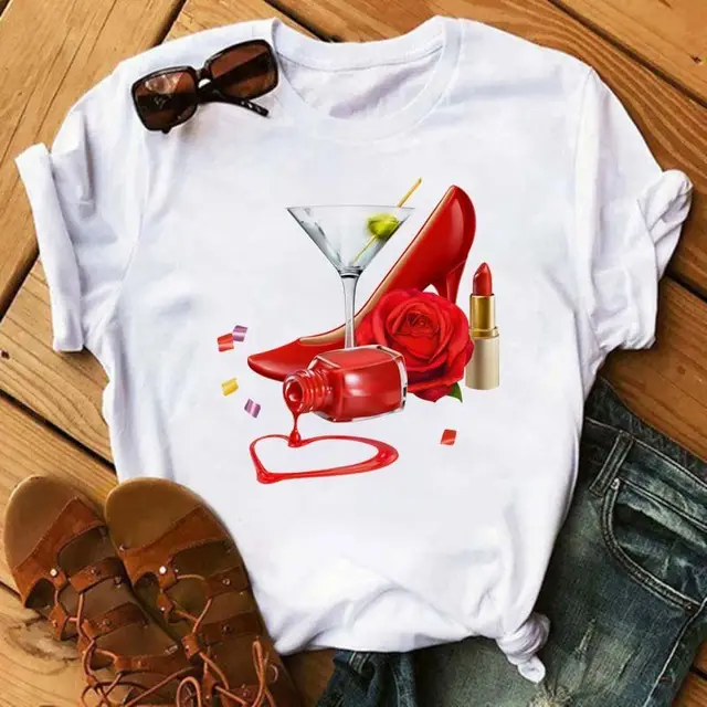 Women Printed T-Shirt with High Heels Rose & Lipstick Design - Image 5
