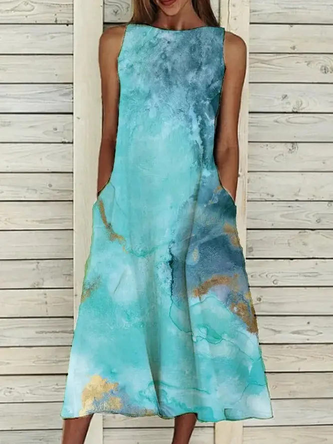 Sleeveless Floral Print Dress Beige Blue Flowers - Image 20