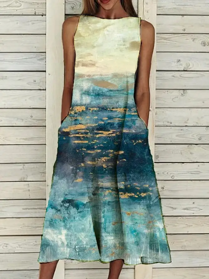 Sleeveless Floral Print Dress Beige Blue Flowers - Image 21