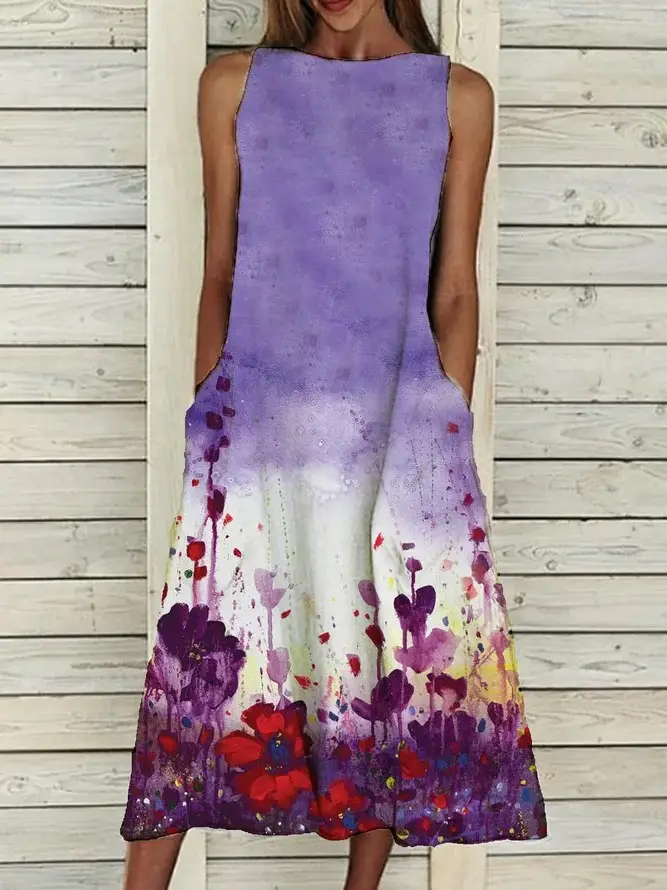 Sleeveless Floral Print Dress Beige Blue Flowers - Image 22