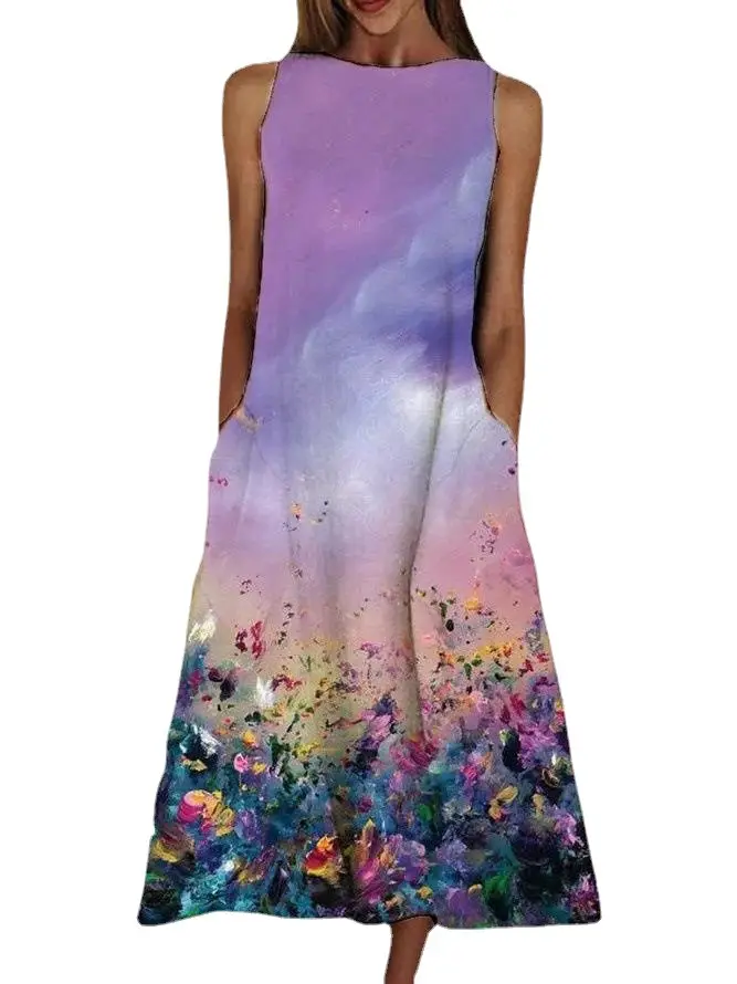 Sleeveless Floral Print Dress Beige Blue Flowers - Image 23