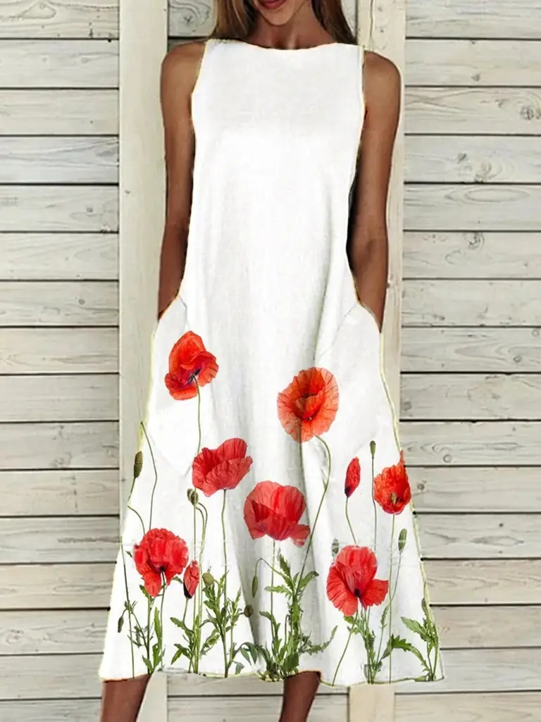 Sleeveless Floral Print Dress Beige Blue Flowers - Image 10