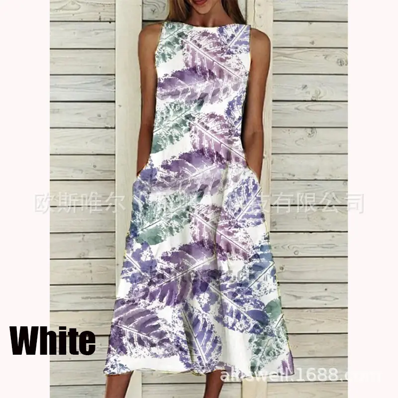 Sleeveless Floral Print Dress Beige Blue Flowers - Image 3