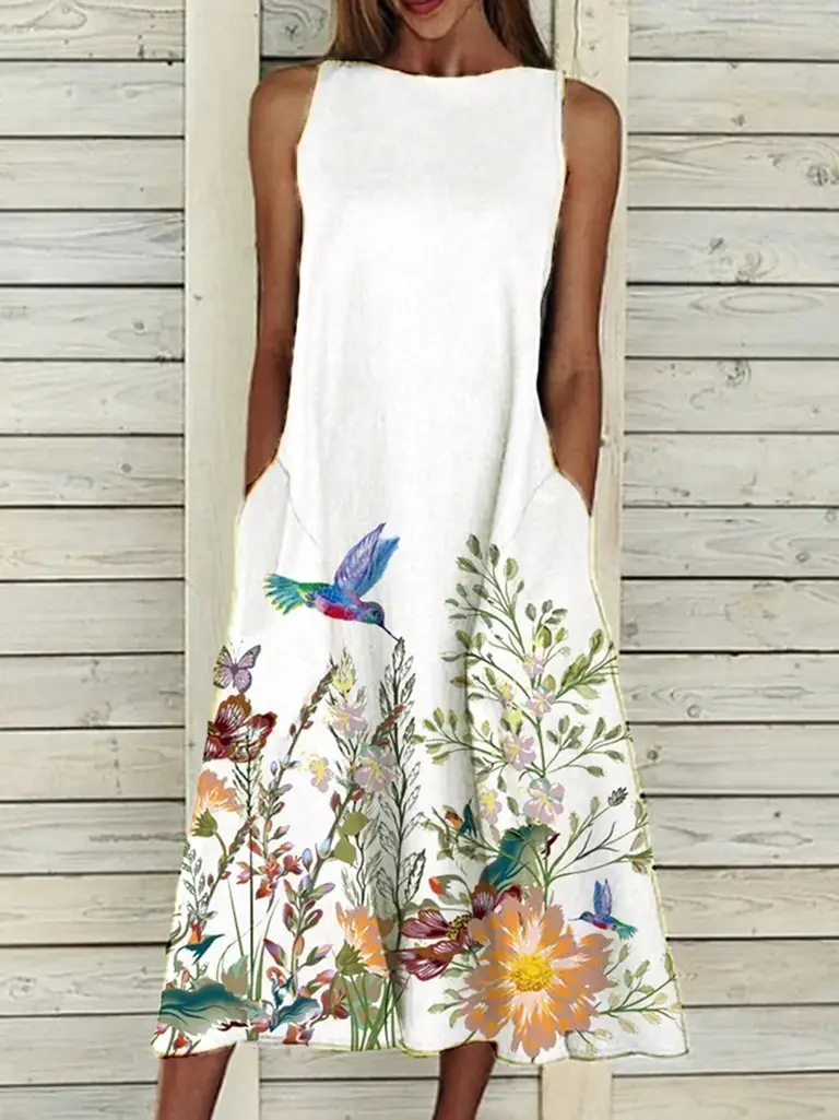 Sleeveless Floral Print Dress Beige Blue Flowers - Image 16