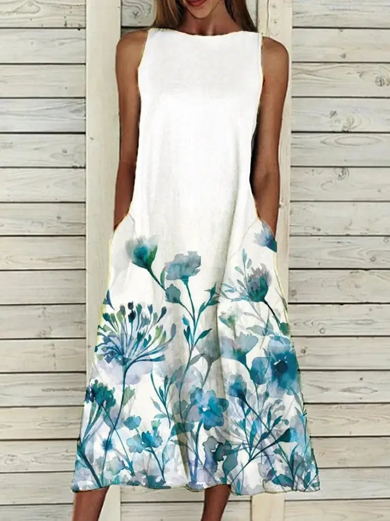 Sleeveless Floral Print Dress Beige Blue Flowers - Image 17