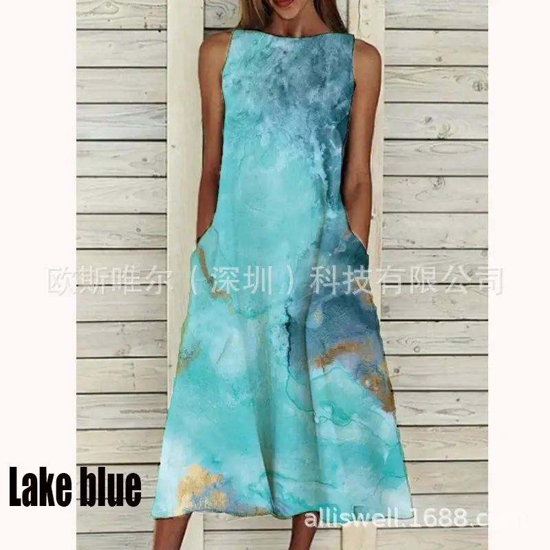 Sleeveless Floral Print Dress Beige Blue Flowers - Image 7