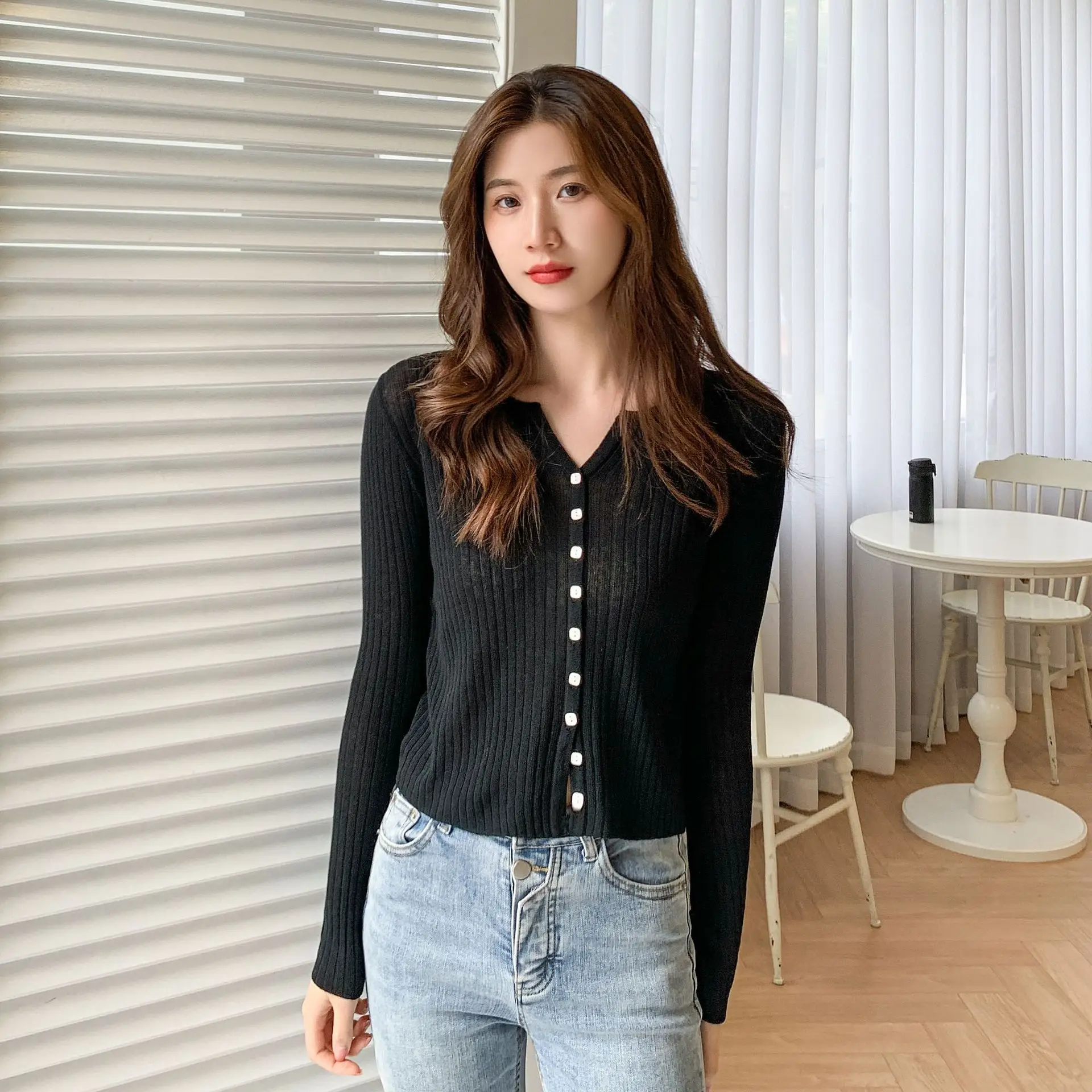 Women's Black Long Sleeve Tencel Linen Cardigan Sweater - Image 10