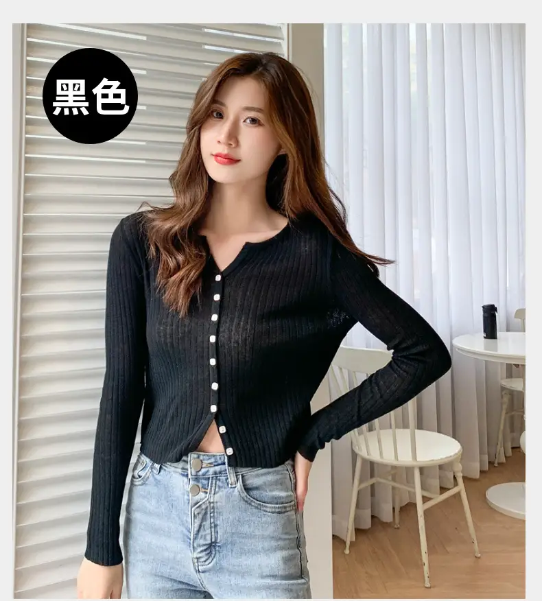 Women's Black Long Sleeve Tencel Linen Cardigan Sweater — feature 19