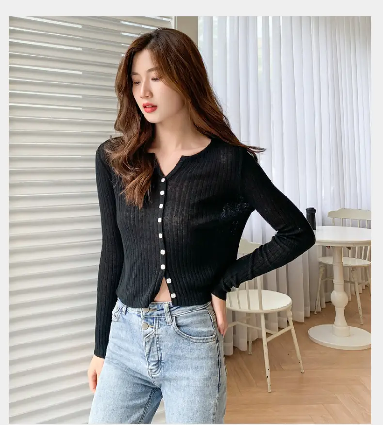 Women's Black Long Sleeve Tencel Linen Cardigan Sweater — feature 20