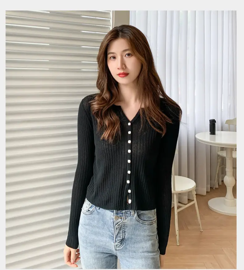 Women's Black Long Sleeve Tencel Linen Cardigan Sweater — feature 21
