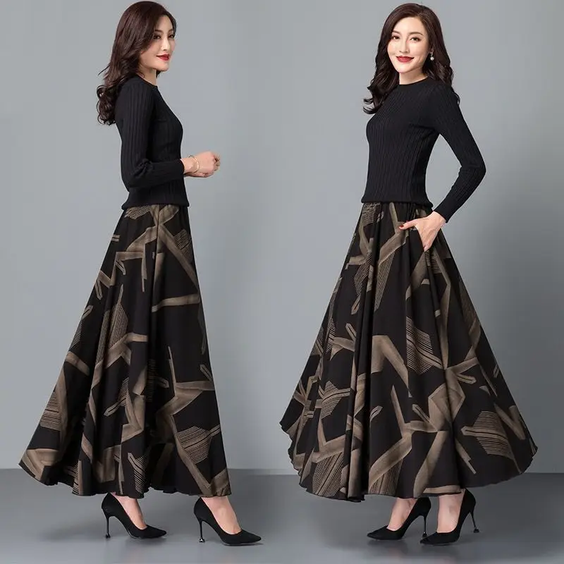 Vintage Women's Plaid Skirt Long High Waist Slimming Ethnic Style Large Swing