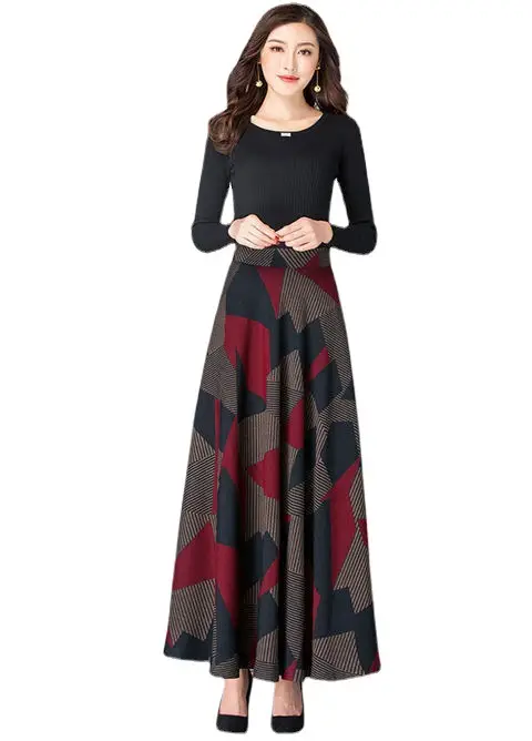 Vintage Women's Plaid Skirt Long High Waist Slimming Ethnic Style Large Swing