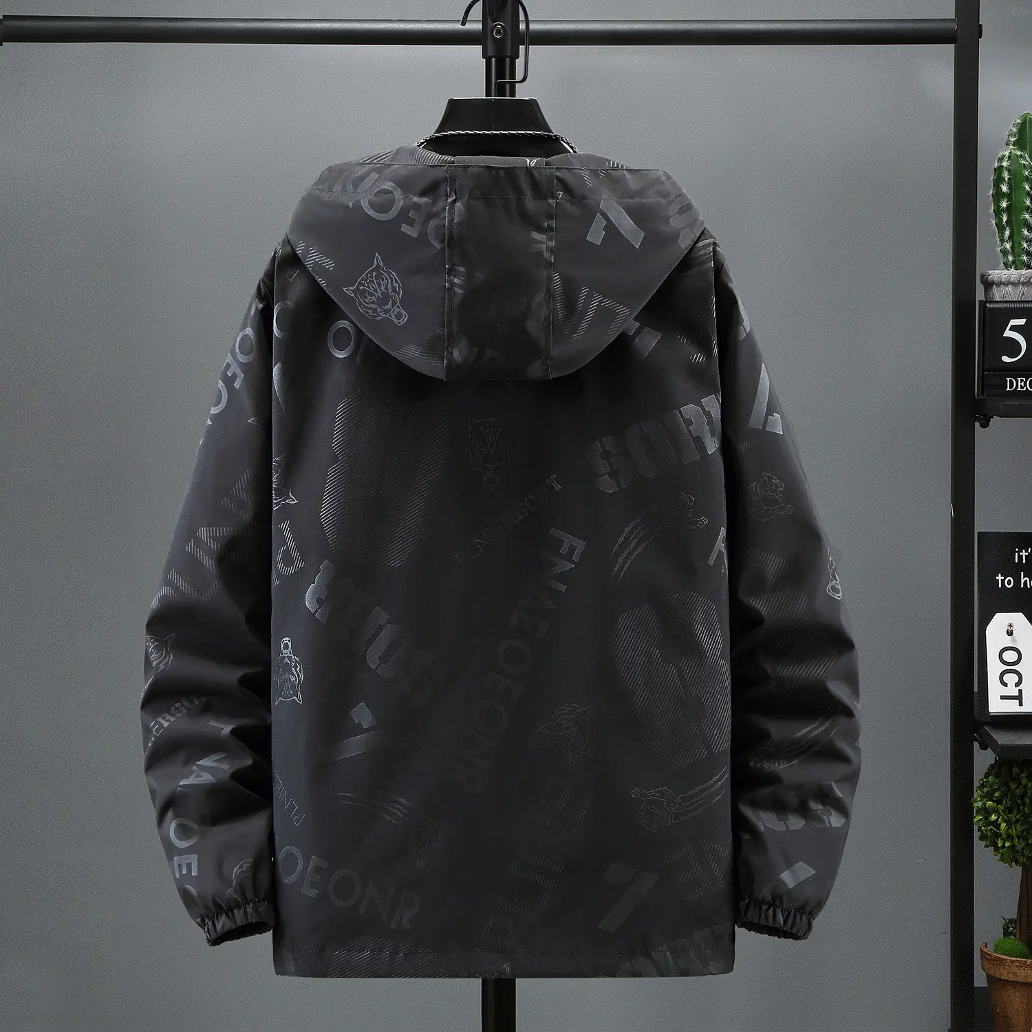 Men's Black Hooded Jacket with Print & Zip Front - Image 4