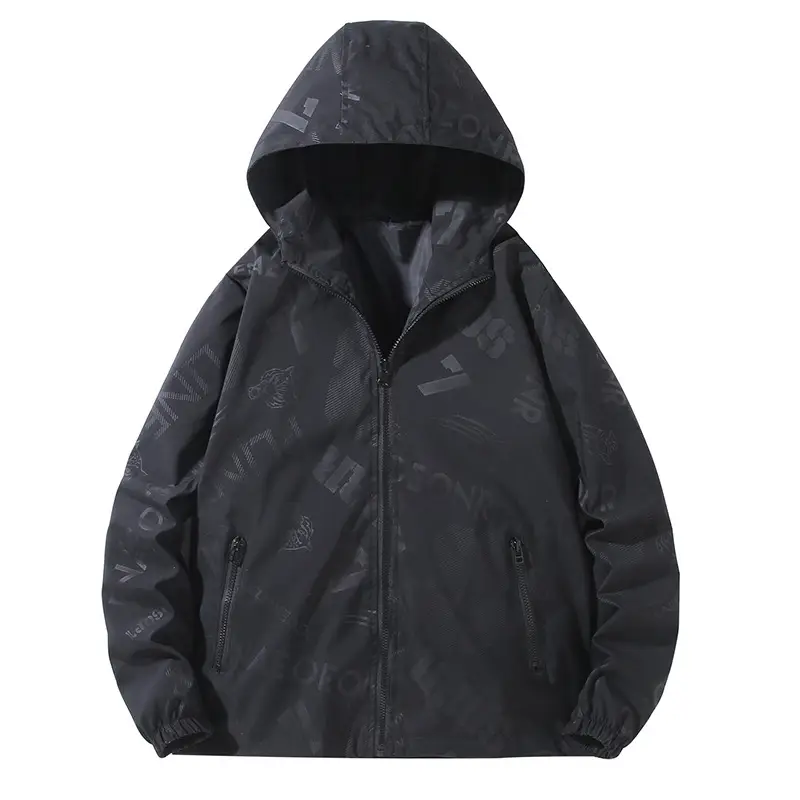 Men's Black Hooded Jacket with Print & Zip Front - Image 6