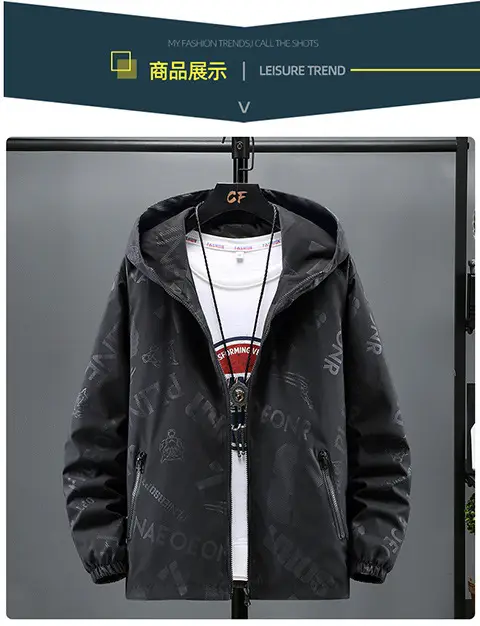 Men's Black Hooded Jacket with Print & Zip Front — feature 6