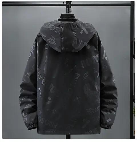 Men's Black Hooded Jacket with Print & Zip Front — feature 7