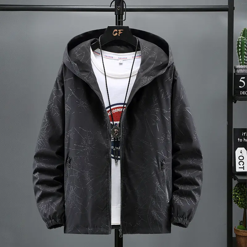 Men's Black Hooded Jacket with Print & Zip Front - Image 2