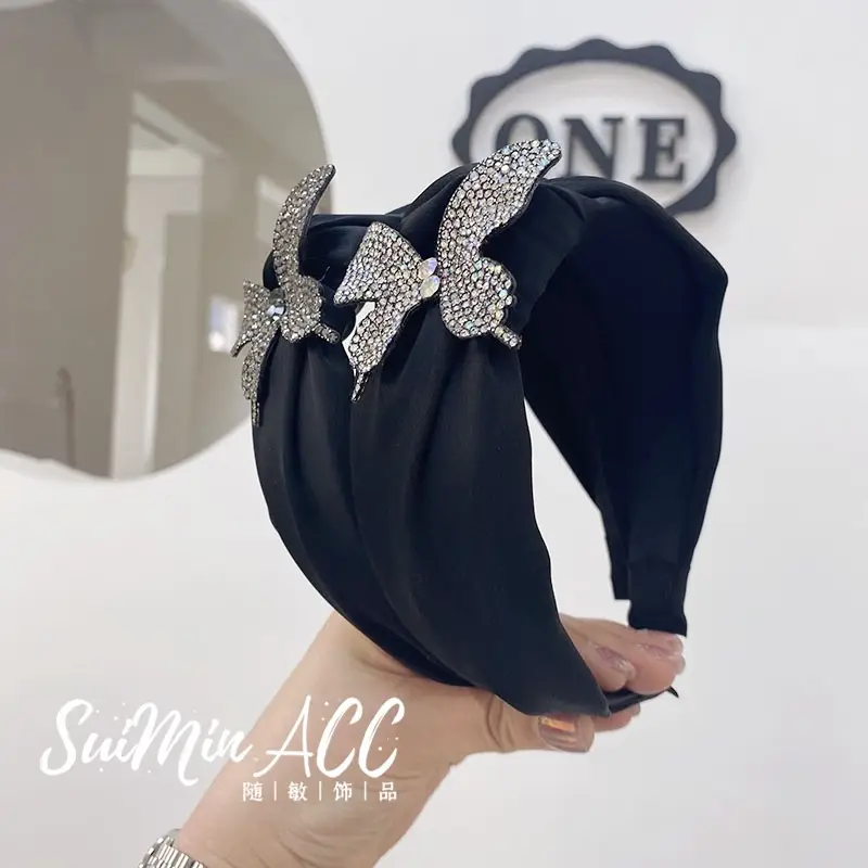 Black Rhinestone Butterfly Wide Bristled Headband for Women - Image 3