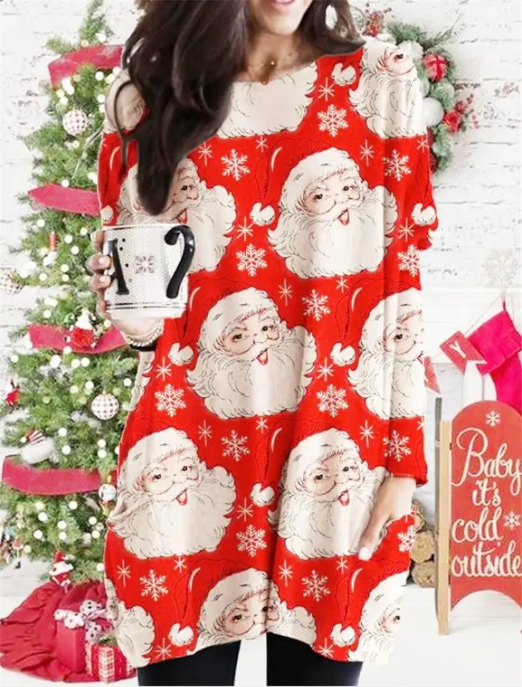 2023 Red Santa Print Long Sleeve T-Shirt Women - Image 3