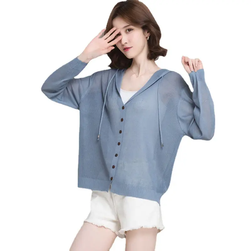 Women Ice Silk Knit Hooded Cardigan Light Blue 2025 - Image 10