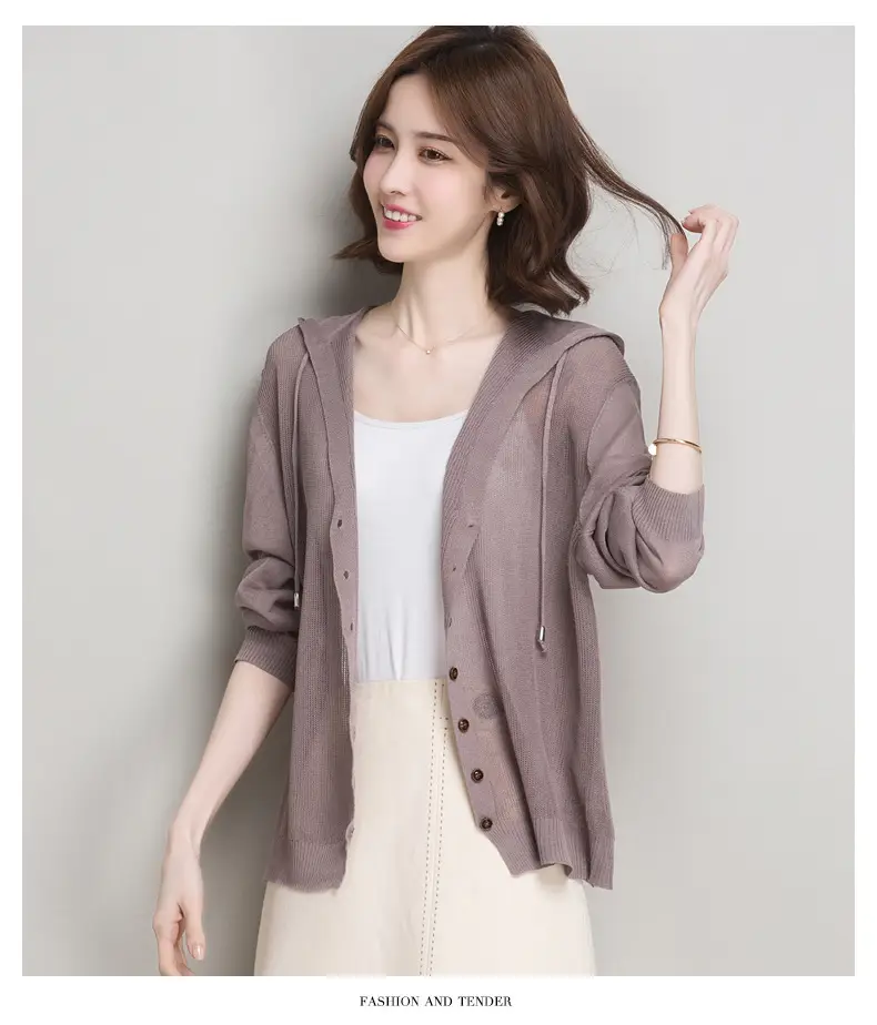 Women Ice Silk Knit Hooded Cardigan Light Blue 2025 — feature 14